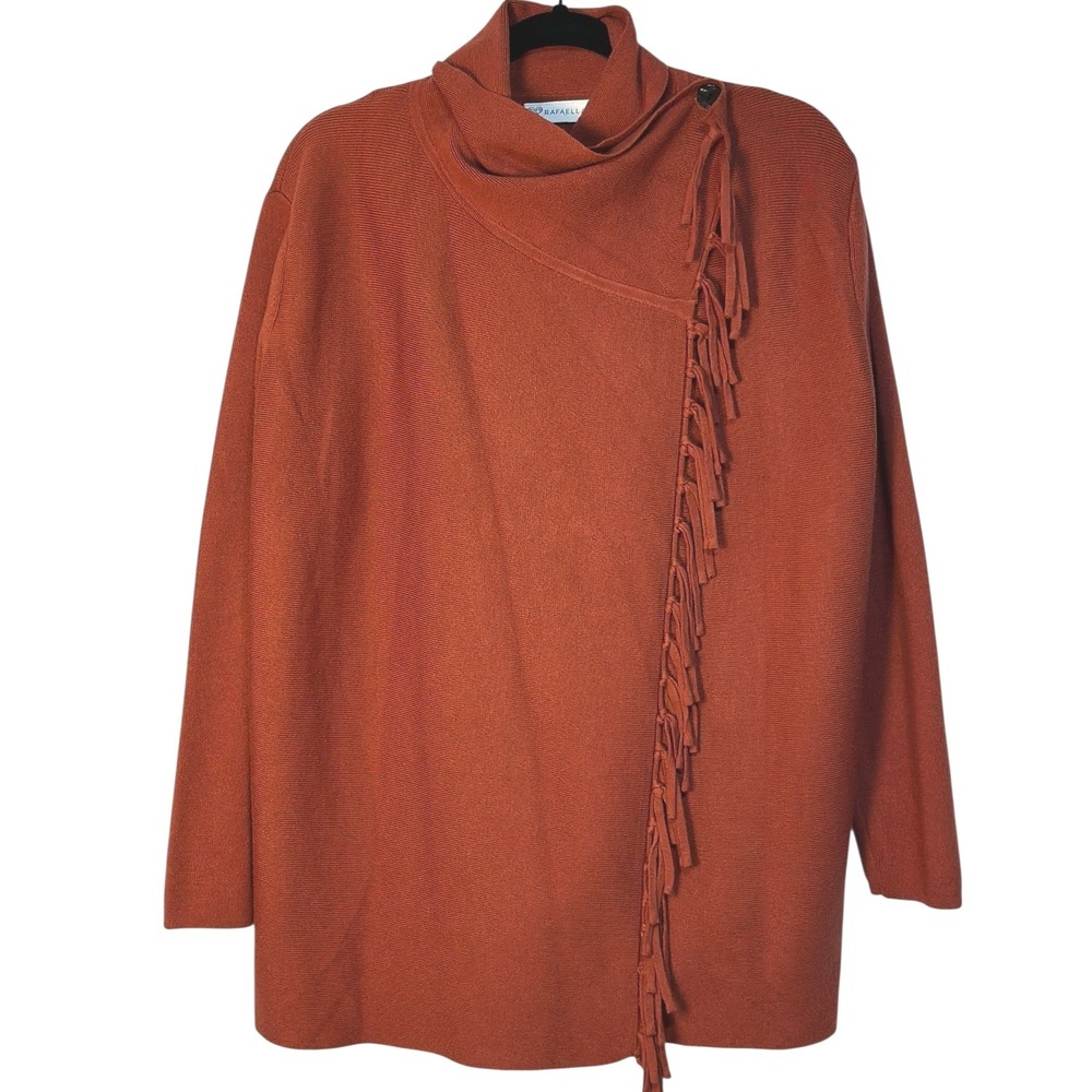 Rafaella Mock Neck Knit Fringe Jacket Sweater Rust‎ Boho Chic Long Sleeve Fall M